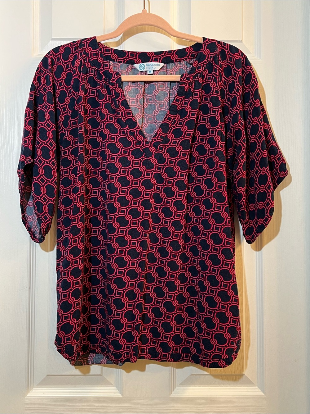 escapada Navy and Pink Geometric V-Neck Blouse